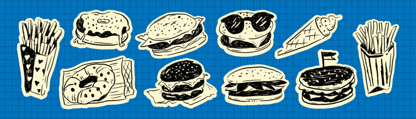 Hand Drawn Fast Food Doodle Sticker Set with Burgers Fries Ice Cream and Snacks in Paper Collage Retro Sketch Style