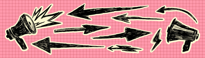 Hand Drawn Doodle Arrow Elements Set with Sketchy Direction Shapes and Megaphone Icons in Groovy Retro Collage Style