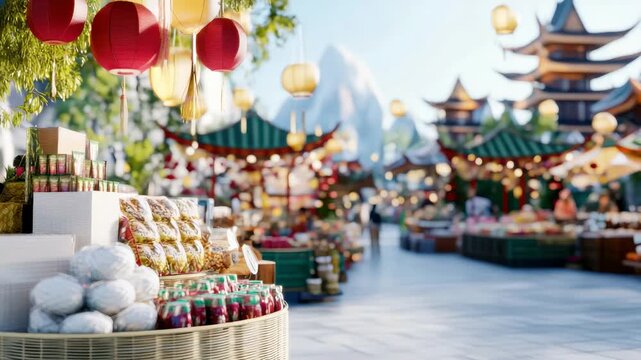 Asian Festival Delights: Immerse yourself in the vibrancy of an Asian market festival, adorned with traditional lanterns and a myriad of cultural treasures.