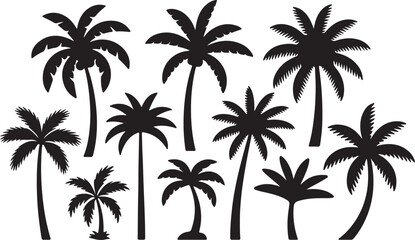 Naklejka premium Set of Palm Tree Silhouette Vector Illustration – Black and White Tropical Clipart