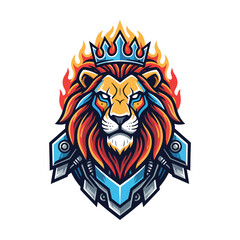Flaming Cyber Lion King Logo with Mechanical Armor