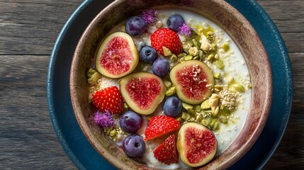 A bowl of fruit and oatmeal with blueberries and strawberries