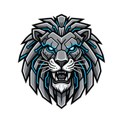 Futuristic robotic lion head logo emblem