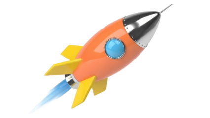Orange cartoon rocket ship PNG isolated on transparent background, retro style spaceship with blue window and yellow fins for kids design
