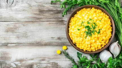 Golden Bowl of Culinary Delight: A vibrant bowl brimming with flavorful, golden food, set amidst a rustic tableau of fresh herbs and garlic cloves on a weathered wooden surface.