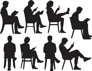 Fototapeta premium Sitting People Silhouettes Set Black Vector Collection Men Women Poses Icons Pack
