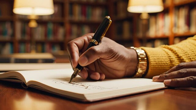 Person writing in a notebook with fountain pen