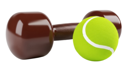 Brown dumbbell with tennis ball isolated PNG, fitness equipment for exercise and strength training on transparent background