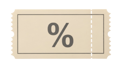 Vintage beige ticket with percentage sign isolated PNG, retro style coupon for discount offers and promotional sales on transparent background
