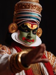 Kathakali dancer performing with intricate traditional makeup and costume, portraying a character from classical indian dance, representing kerala's rich cultural heritage