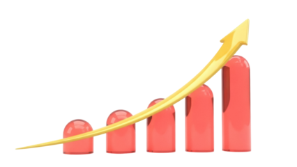 Rising bar graph with golden arrow isolated PNG, business growth chart on transparent background, financial success and investment concept