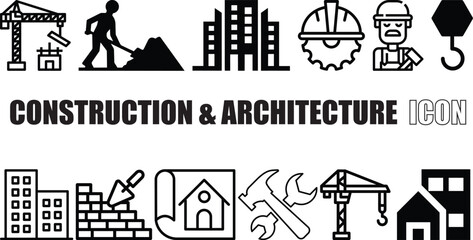 Naklejka premium Construction & Architecture Icon Set – Building, Blueprint, Tools, Crane