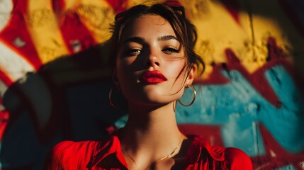 A woman in a red dress is standing in front of a colorful wall