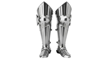Pair of medieval silver shin guards with intricate details isolated on transparent background