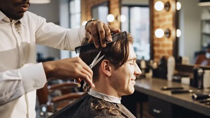 Professional barber carefully cutting a smiling client's hair in a modern salon, offering expert men's grooming service.