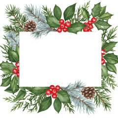 ultra-detailed watercolor botanical flat lay featuring vibrant christmas pine and crimson holly berries symmetrically forming a dense border frame on transparent with copy space. concept of classic