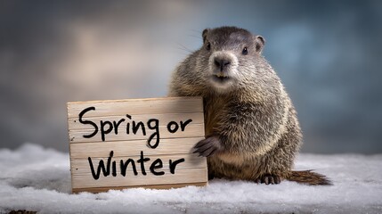 Cute groundhog holding wooden sign Spring or Winter, Groundhog Day. Seasonal weather contrast, sun and snow background.