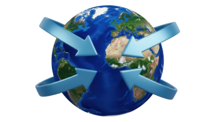 Earth globe with blue arrows isolated PNG, global communication and network concept for business and technology presentations