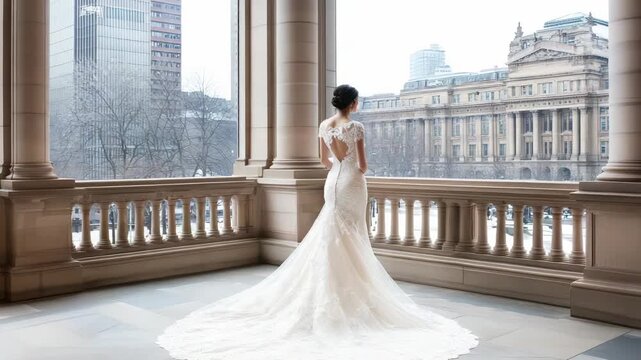 Elegant Bride in Architectural Splendor: A stunning bride in an elegant gown stands, her gaze fixed on the grand architecture of a city, a vision of sophistication against the backdrop.
