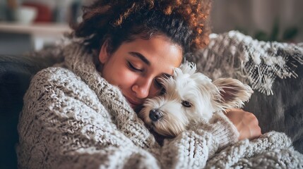 A woman is hugging a small white dog while wearing a white sweater