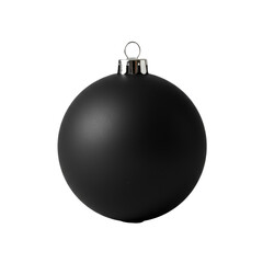 Close-up macro of a perfectly spherical, matte black christmas ornament with a reflective silver cap, isolated on a white studio background. Minimalist elegance concept