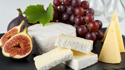 Gourmet Cheese Platter: An artful arrangement of fine cheeses, ripe figs, and fresh grapes, creating a feast for the eyes and the palate.