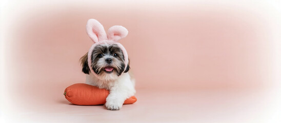 Shih Tzu dog in bunny ears on pastel background with carrot and copy space