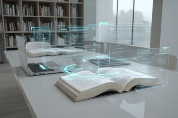 Futuristic library scene with open book and digital interface