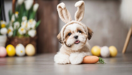 Shih Tzu puppy in bunny costume with carrot in cozy Easter interior