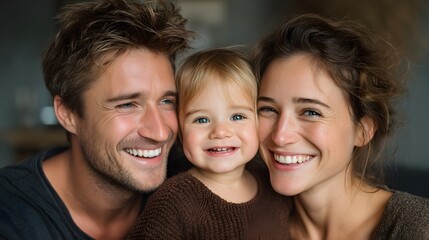 A happy family of a man, woman and child smiling for the camera