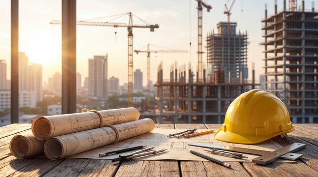 Construction site with blueprints, a yellow hard hat, and tools on a wooden table. Skyscrapers and cranes are visible in the background during sunset.