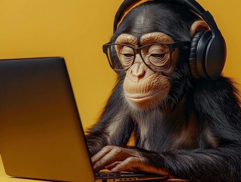 Monkey types on laptop with headphones in bright room