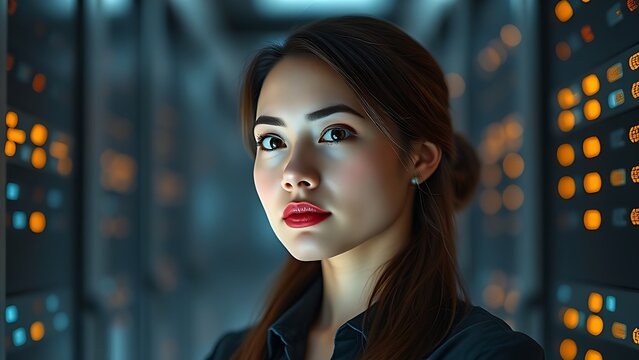 serverroom. A female technical professional in a modern data center, focused with a soft ambient glow from server racks. product launch decks.
 - Powered by Adobe