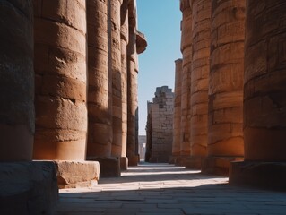 Stone column colonnade at karnak temple in luxor, decorated with hieroglyphics, showcasing monumental ancient egyptian architecture, scale, detail and sunlit sandstone shadows