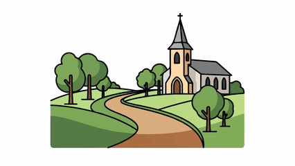Naklejka premium A charming, simple illustration of a rural scene with a church, trees, and a winding path