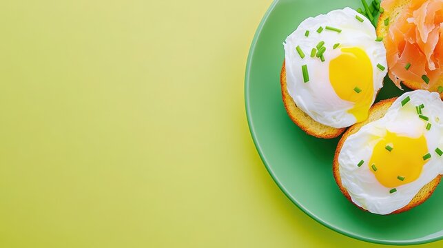 Eggs Benedict on plate: A plate of delicious eggs Benedict sits appealingly, showcasing perfectly poached eggs atop toasted english muffins, garnished with fresh chives, and a hint of smoked salmon. - Powered by Adobe