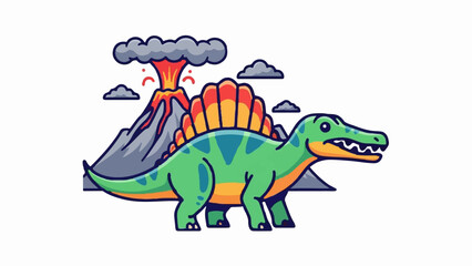 Obraz premium A cartoon dinosaur with a colorful sail on its back stands before an erupting volcano