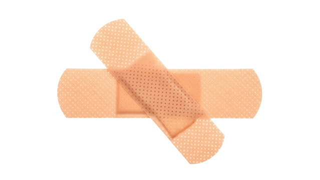 Adhesive bandages crossed isolated PNG on transparent background, medical plaster strips for wound care and first aid treatment