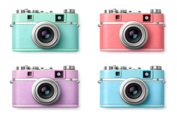 Set of Colorful Retro Digital Cameras Isolated on Black Background in Modern Minimal Style
