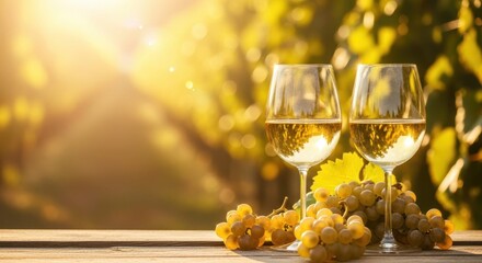 Obraz premium Golden Hour Wine: Two glasses of crisp, golden wine sit in a sun-drenched vineyard, beside a bunch of freshly picked grapes, creating an inviting scene of relaxed enjoyment and simple pleasures.