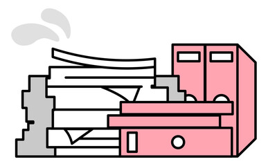 紙の書類が整理できず山積みになった書類管理のイメージイラスト