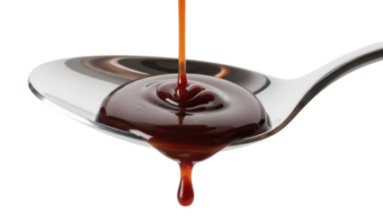 Delicious caramel sauce pouring on a spoon isolated PNG, sweet dessert topping for ice cream and confectionery on transparent background