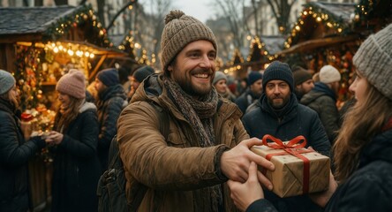 joyful man exchanging a gift at a bustling winter holiday market with festive lights.