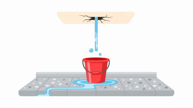 A cracked ceiling leaks water into a red bucket on a stone floor