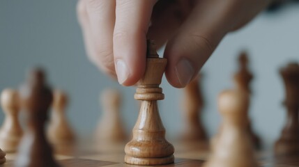 Hand moving a wooden king chess piece across a classic chessboard, representing strategic thinking, intellectual challenge, decision making, and competitive gameplay