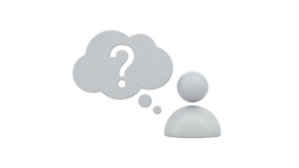 Person with question mark in thought bubble isolated PNG, 3D rendering of thinking man with doubt for design and web