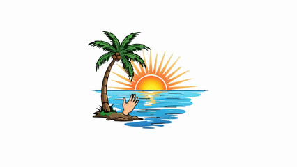 Obraz premium A lone hand emerges from the sea near a palm tree as the sun sets