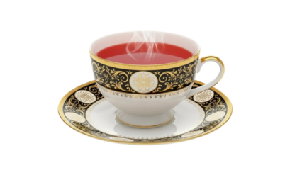 Elegant teacup with red tea isolated PNG, antique porcelain cup and saucer with gold and black floral design on transparent background