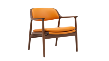 Mid-century modern armchair with orange leather cushions isolated PNG, stylish vintage furniture for living room or office on transparent background