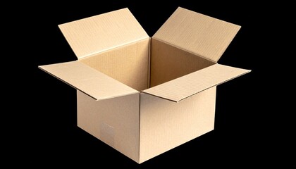 Single open cardboard box with flared flaps on black background, emphasizing empty interior and stark contrast
